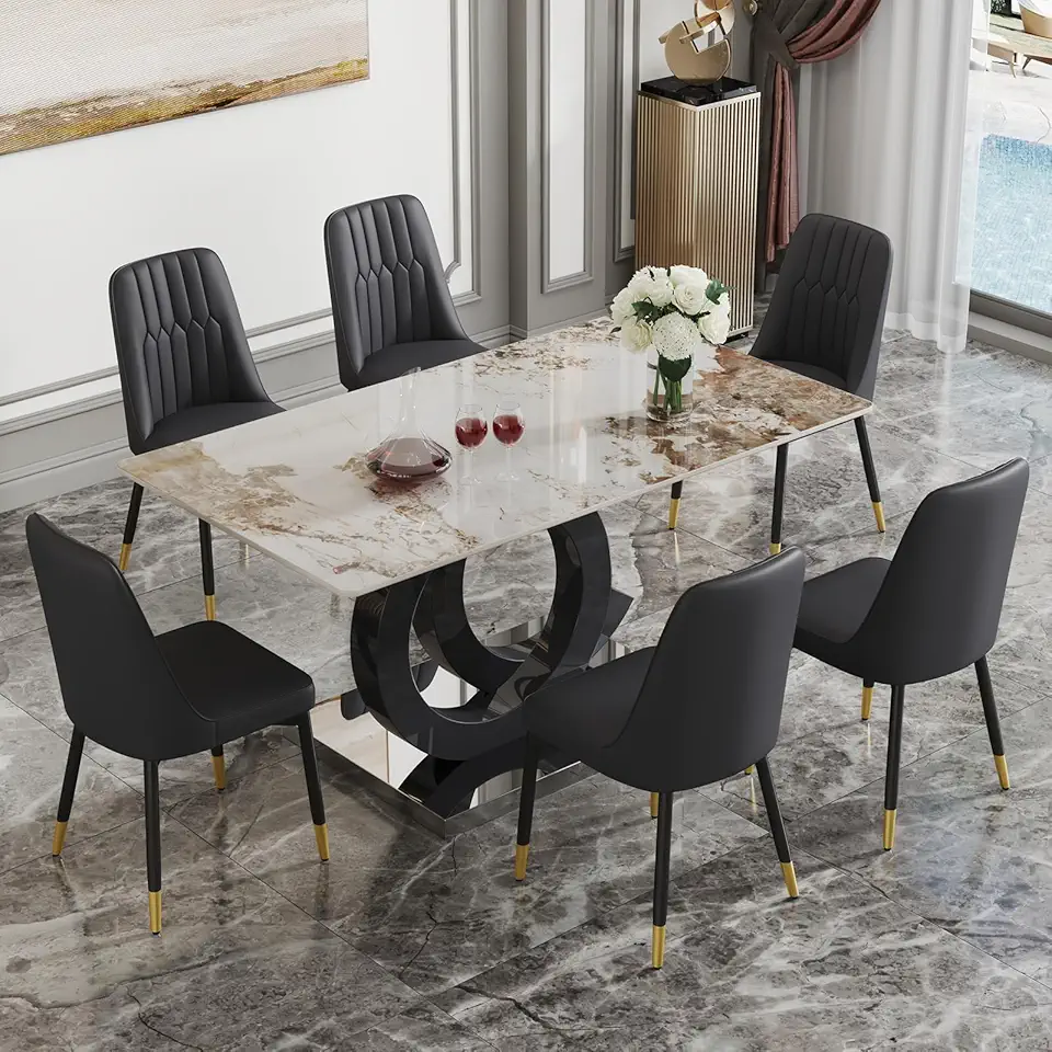 Modern Dining Table Set for 6 ,7 Piece Dining Table Chairs Set for 6,PDLB Marble Table Top and MDF Base,Rectangular Glass Dining Room Table with 6 PU Leather Upholstered Dining Chairs for Kitchen