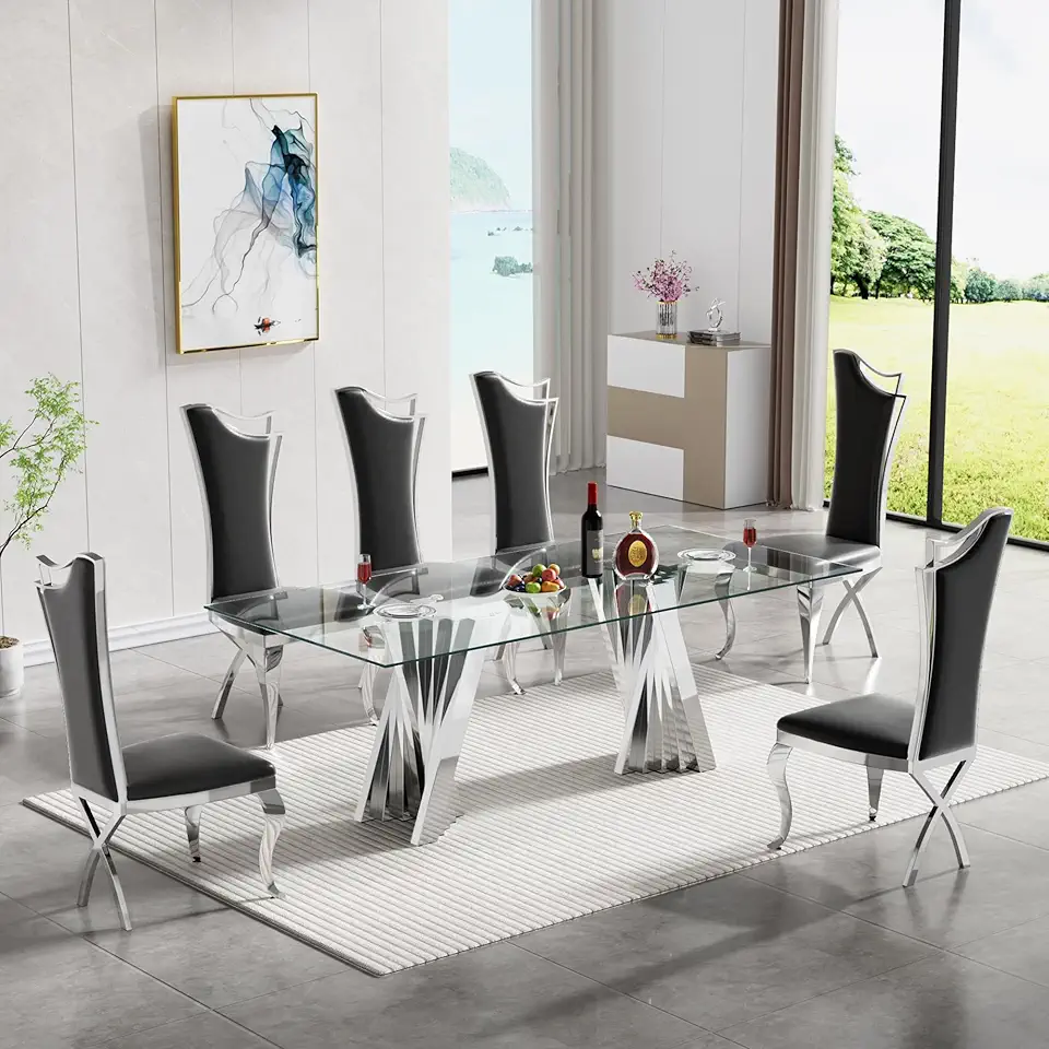 Pvillez Modern Dining Room Table Set for 6, 7 Piece Dining Table Set with 70