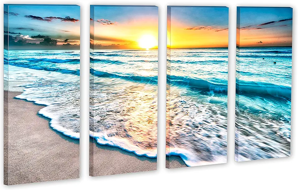 80 x 50 TOTAL - Sunrise over beach in Cancun Canvas Print. 4 Panel Split Wall Art for room decor