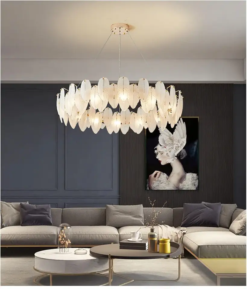 Art White Feather Glass Lamp in Living Room Chandelier Designer Round Oval LED Dining Stylish Lamps,Pendant Lighting Ceiling(Warm Light,D80xH24cm)