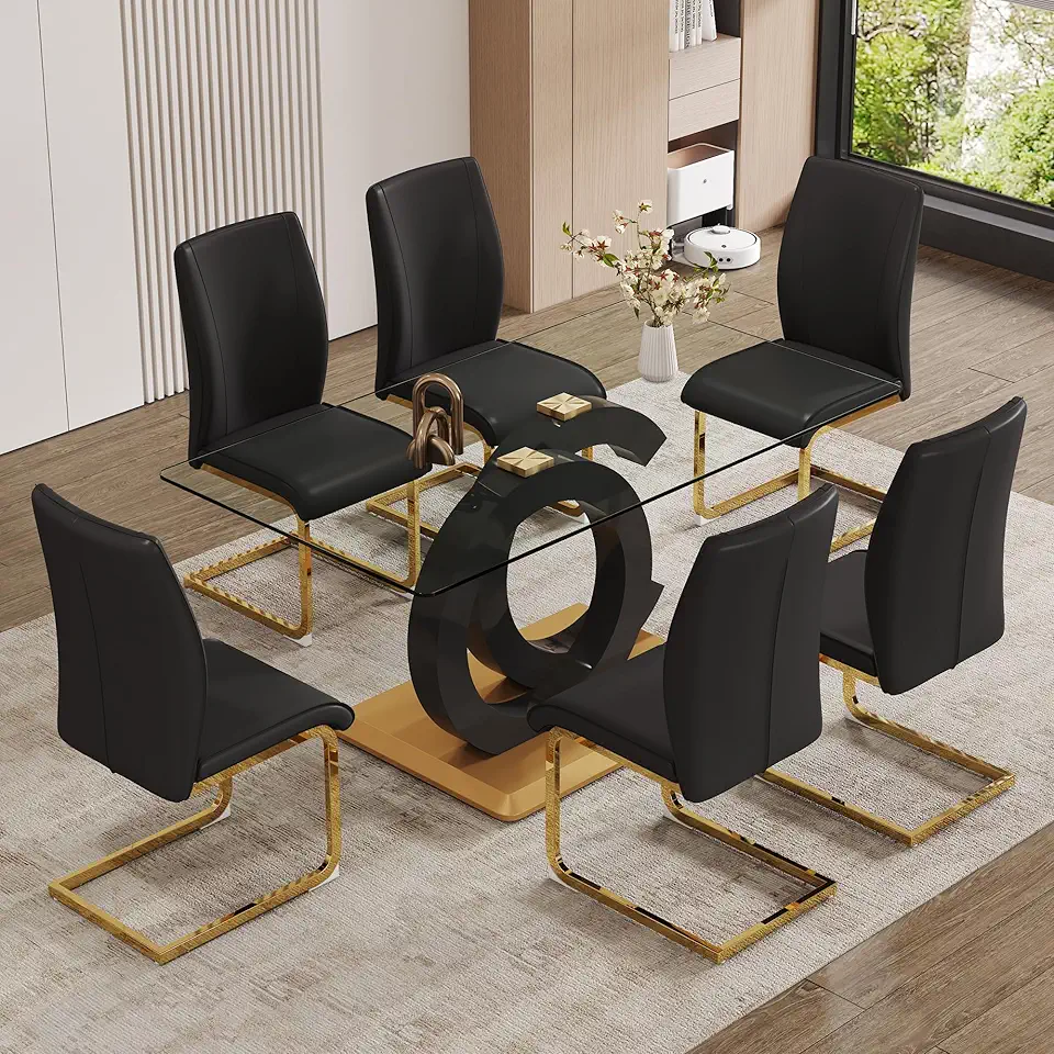 7 Piece Dining Table Set,Glass Dining Table Set for 6,Modern Dining Table and Faux Leather Padded Seats for Kitchens, Living Rooms, Office