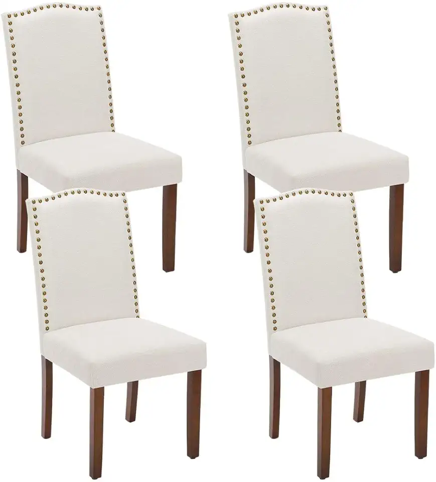 Kitchen Chairs Set of 4 Modern Upholstered Fabric Seat with Nailhead Trim and Ergonomic Lumbar Support for Living Room and Rustic Farmhouse Dining Area, Beige