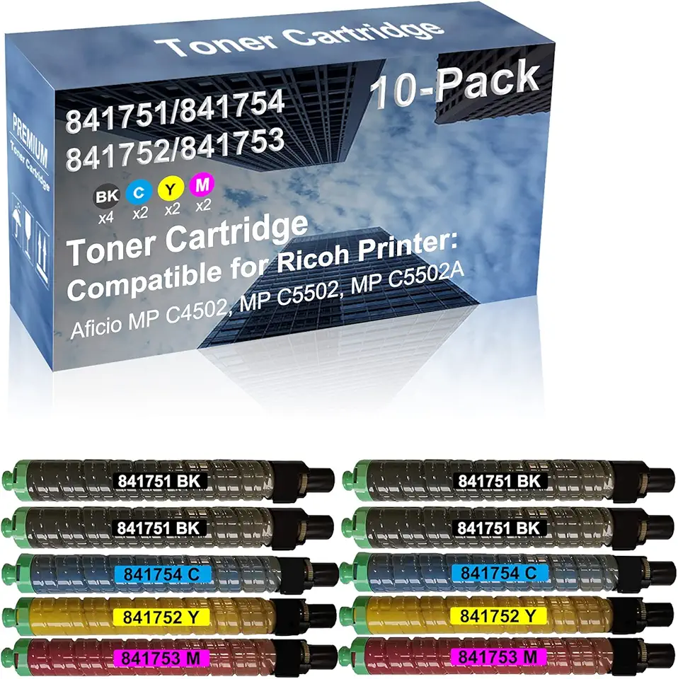 10-Pack (4BK+2C+2Y+2M) Compatible High Capacity 841751+ 841754+ 841752+ 841753 Toner Cartridge Used for Ricoh Aficio MP C4502, MP C5502, MP C5502A Printer