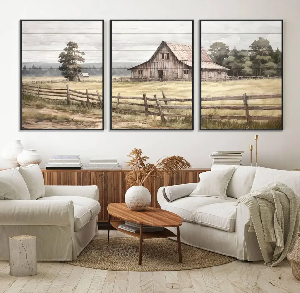 Rustic Farmhouse Barn Wall Art | 3-Panel Framed Gallery Wrap Giclee Canvas Print for Living Room, Farmhouse, or Office | Country Landscape 3 Panel Floating Frame/Black / 90