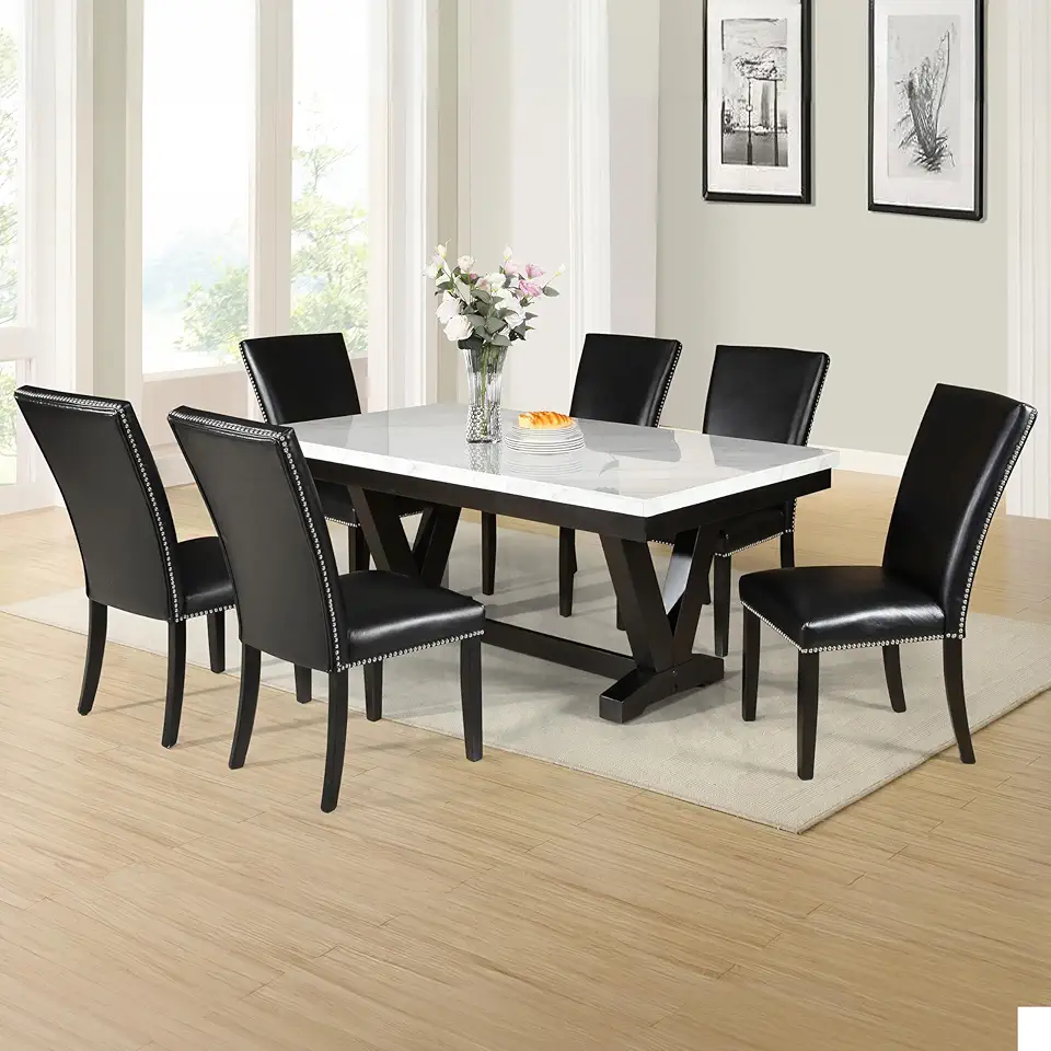 Steve Silver Furniture Finley White Marble 7pc Dining Table Set, Includes One Trestle Base White Marble Table with 6 Black Nicklehead Nailhead Trim Upholstered Dining Chiars, 72