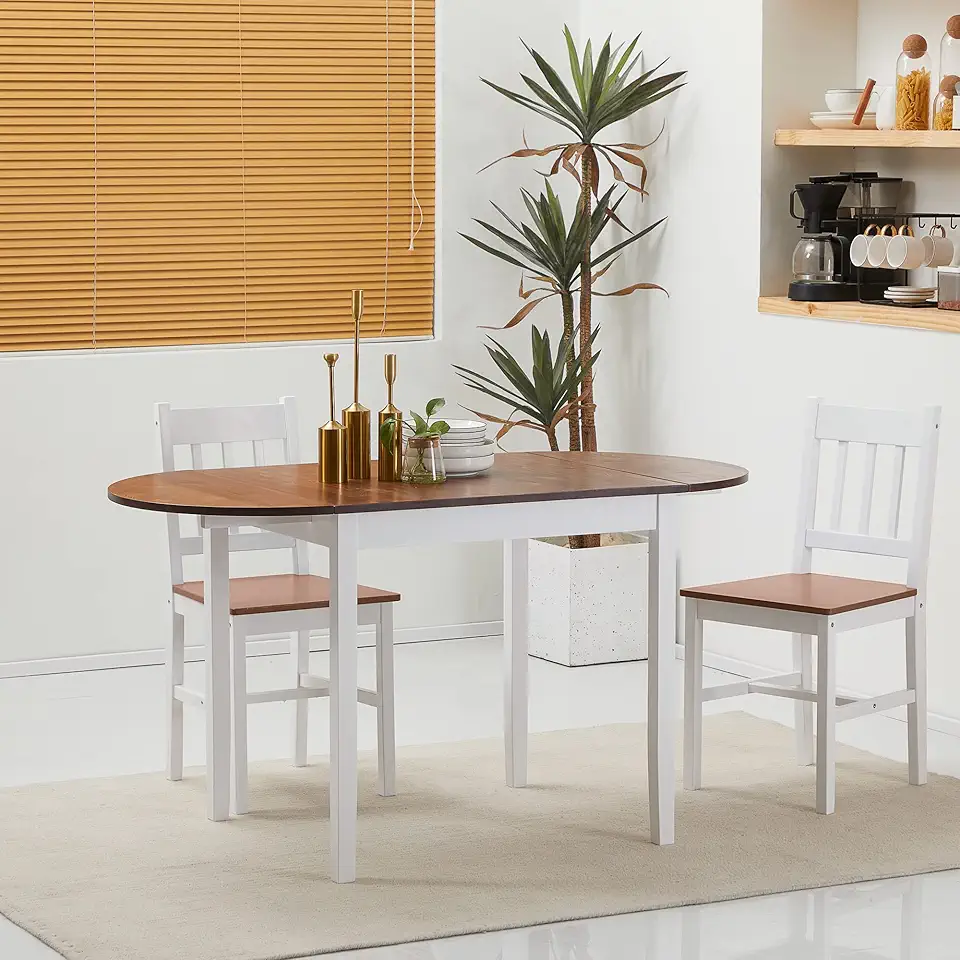 Drop Leaf Dining Table for Kitchen, 55 inch Solid Pinewood Expandable Folding Table with Chairs, Space Saving Small Apartment Breakfast Nook Table Set, Brown Wood Finish