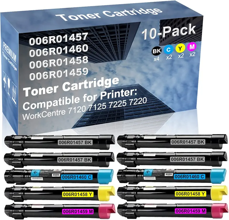 10-Pack (4BK+2C+2Y+2M) Compatible High Yield 006R01457+ 006R01460+ 006R01458+ 006R01459 Laser Printer Toner Cartridge Used for WorkCentre 7120 7125 7225 7220 Printer