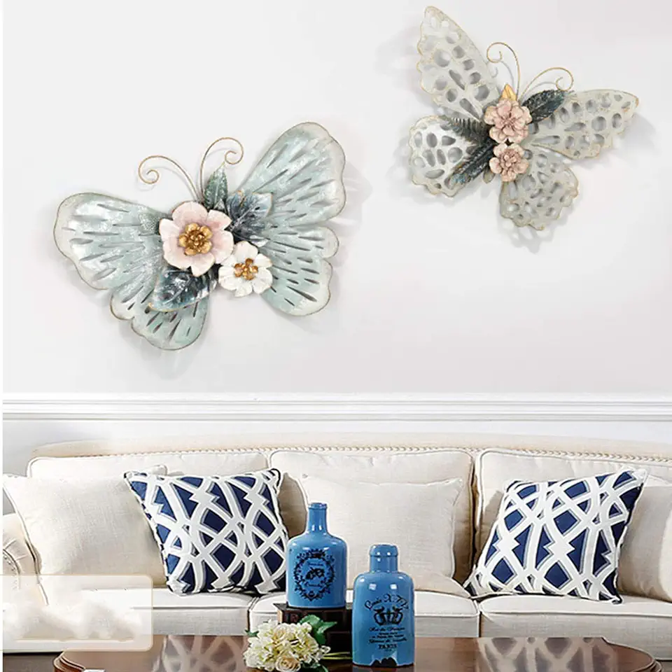 Wall Decor Exquisite Sculpture Wall Decor 2 Set Metal Wall Art - 3D Butterfly and Flower Wall Decor - Rustic Wrought Iron Wall Art Decoration,Indoors or Outdoors Entryway Ornament ( 53x39cm 63x47cm)