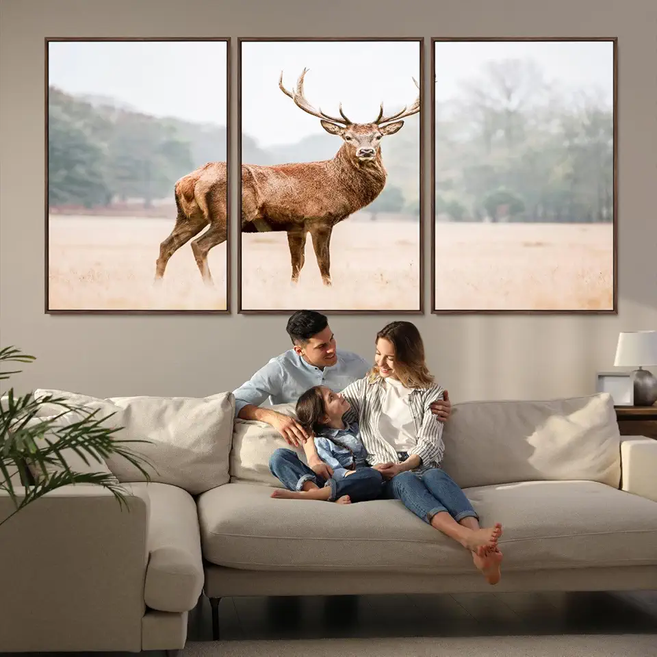 Vintage Wildlife Canvas Print, Framed Misty Landscape Art Picture Print, Deer Wall Art Perfect 3 Panel Floating Frame/Walnut / 90