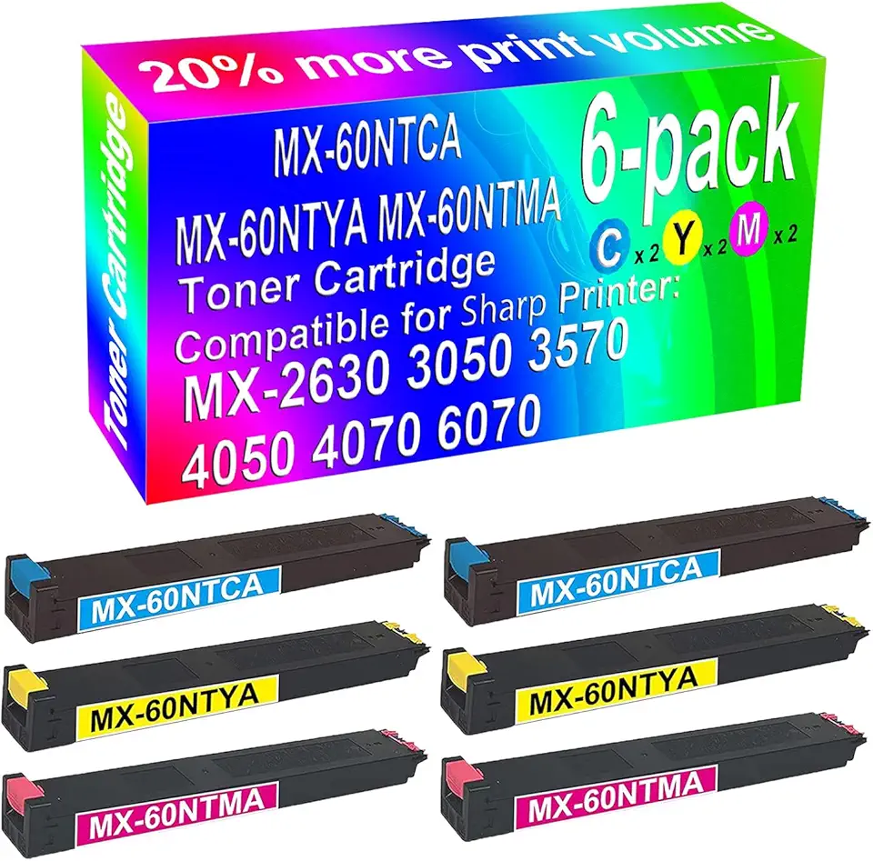 6-Pack (2C+2Y+2M) Compatible High Yield MX-60NT (2X MX-60NTCA 2X MX-60NTYA 2X MX-60NTMA) Laser Printer Toner Cartridge Replacement use for Sharp MX-2630 MX-3050 MX-3570 MX-4050 Printer