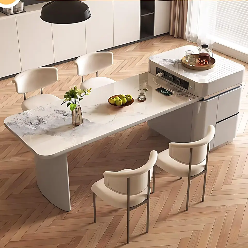 Kitchen Island - Kitchen Island with Extendable Dining Table Includes Unique Texture Design,Pull-Out Cabinets Includes Slide Rail Socket for 2-8 Person(No Chair 96.46IN)