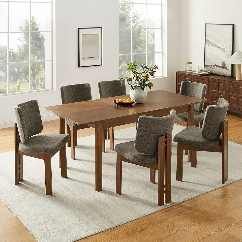 Modway Alba 7-Piece Dining Set in Walnut Taupe – Extendable Wood Dining Table with Leaf and 6 Upholstered Armless Chairs with Curved Backrests