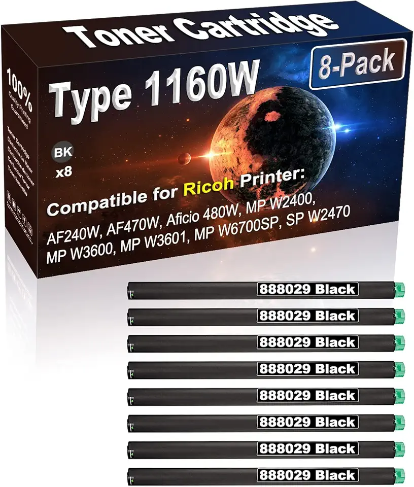 8-Pack (Black) Compatible 888029 | Type 1160W Printer Toner Cartridge (High Capacity) fit for Ricoh AF240W AF470W Aficio 480W MP W2400 MP W3600 MP W3601 Printer