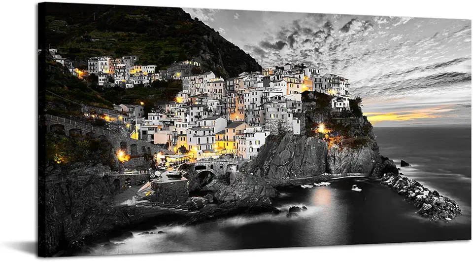 Sponsored Ad - LevvArts Large Size Italy Picture Wall Art Canvas Black and White Manarola Sunset Night Photo Photograph Art Painting for Home Living Room Ready to Hang 24
