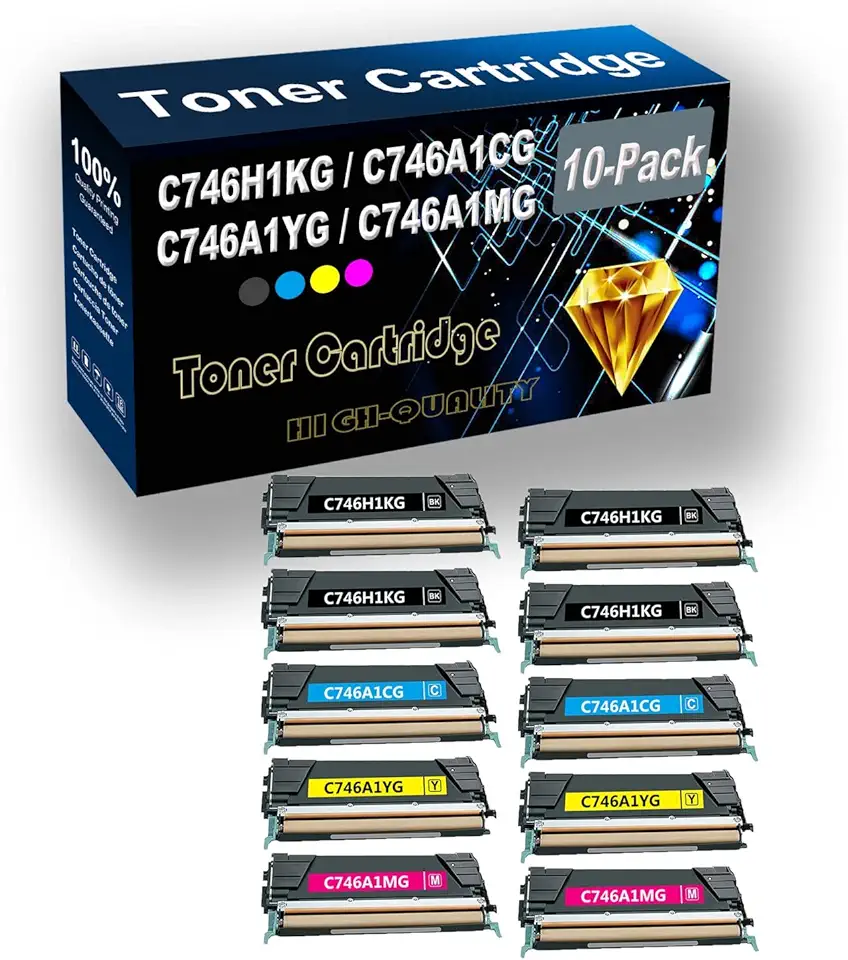 10-Pack (4BK+2C+2Y+2M) Compatible Toner Cartridge Replacement for C746H1KG C746A1CG C746A1YG C746A1MG Printer Cartridge use for X746de C746 C748 XS748de X748de C746dn X746 X748 Printer
