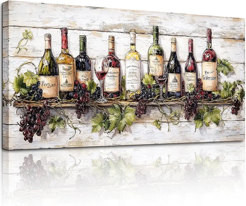 crmotu Wine Bottle Still Life Wall Art, Vintage Kitchen Large Canvas Paintings, Rustic Dining Room Artwork for Walls, Modern Pictures Wall Decor for Home Bar Wine Tasting Room Art Prints 24x48inch