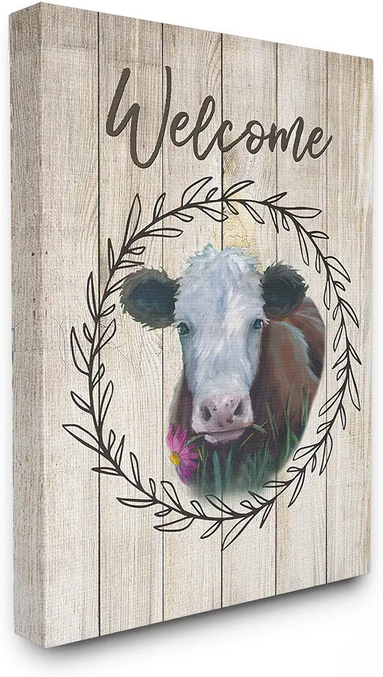 The Stupell Home Decor Welcome Sign Painted Cow with Flower and Wreath Canvas Wall Art, 30 x 40, Proudly Made in USA
