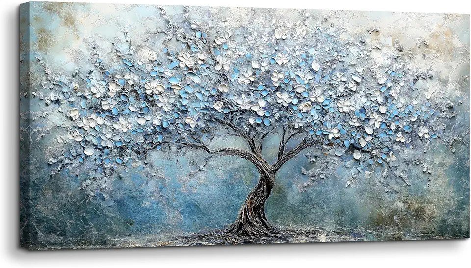 crmotu Tree of Life Large Wall Art for Living Room, Cherry Blossom Tree Abstract Art Prints Canvas Pictures, Modern Blue White Aesthetic Painting Bedroom Bathroom Home Office Wall Decor 24