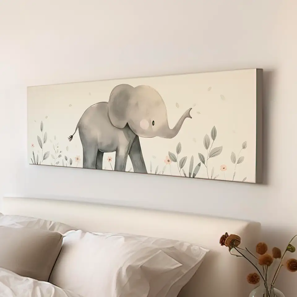 My Sweet Hideout Elephant Nursery Decor Above Bed Wall Art African, Panoramic Wildlife Canvas Print, Safari Long Horizontal Canvas Art 30x90