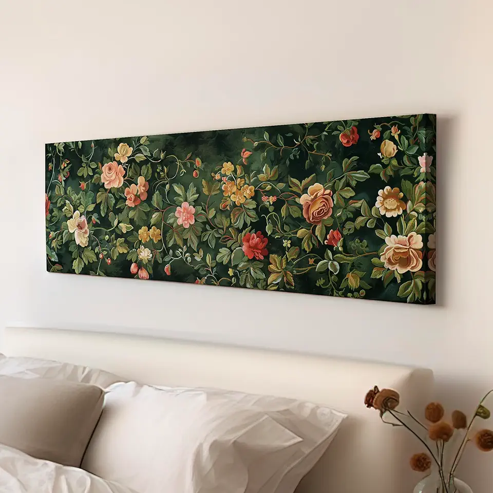 My Sweet Hideout Floral Tapestry Above Bed Wall Art Spring Meadow, Panoramic Pink Roses Canvas Print, Nature Long Horizontal Canvas Art 30x90