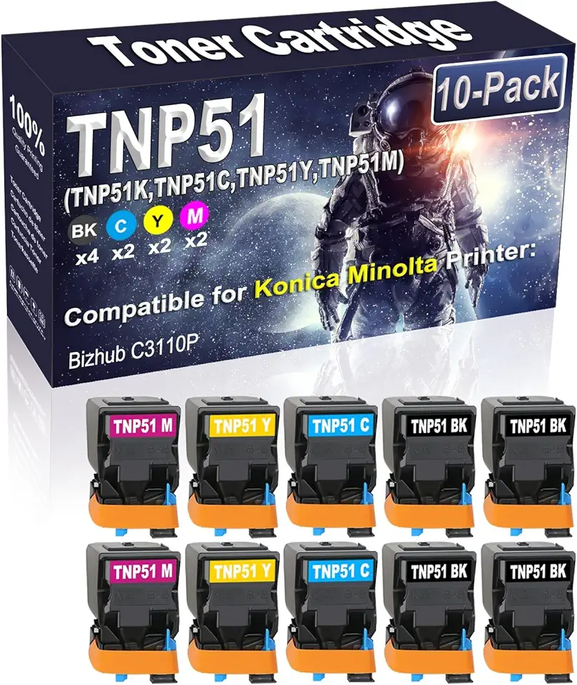 10-Pack (4BK/2C/2Y/2M) Compatible High Yield TNP51 TNP-51 (TNP51K TNP51C TNP51Y TNP51M) Imaging Toner Cartridge Use for Konica Minolta Bizhub C3110P Printer