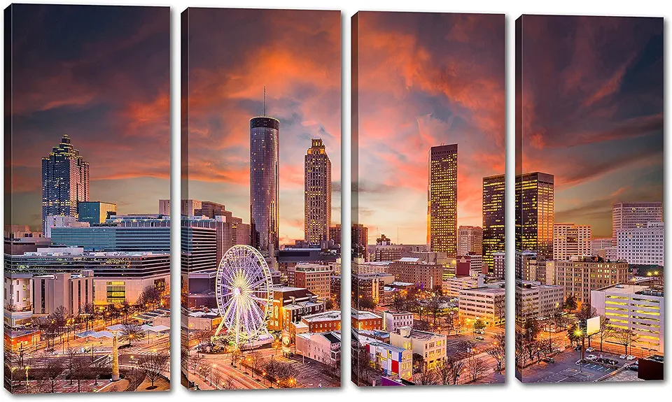 80 x 50 TOTAL - Atlanta, Georgia Wall Art Canvas Print orange pink skies 4 Panel Split Atlanta City GA Art