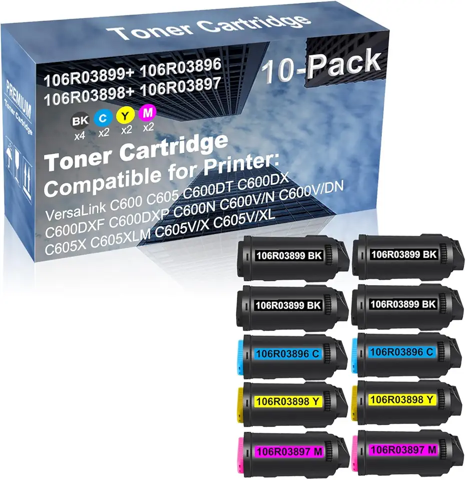 10-Pack (4BK+2C+2Y+2M) Compatible High Capacity 106R03899+ 106R03896+ 106R03898+ 106R03897 Toner Cartridge Used for C600 C600DT C600DX C600DXF Printer