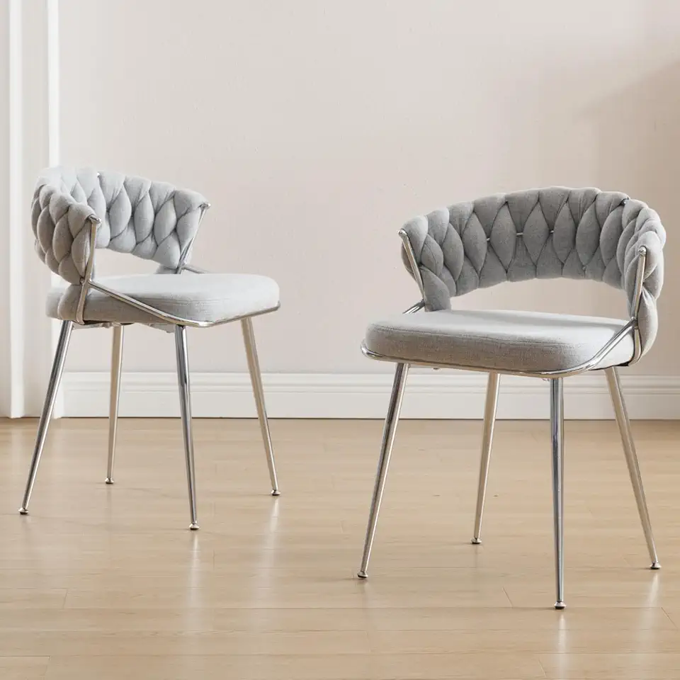 Sponsored Ad - DUOMAY Modern Dining Chairs Set of 2 - Woven Dining Room Chairs with Metal Legs- Linen Upholstered Accent Chair for Dining Room, Kitchen, Vanity, and Living Room, Light Grey