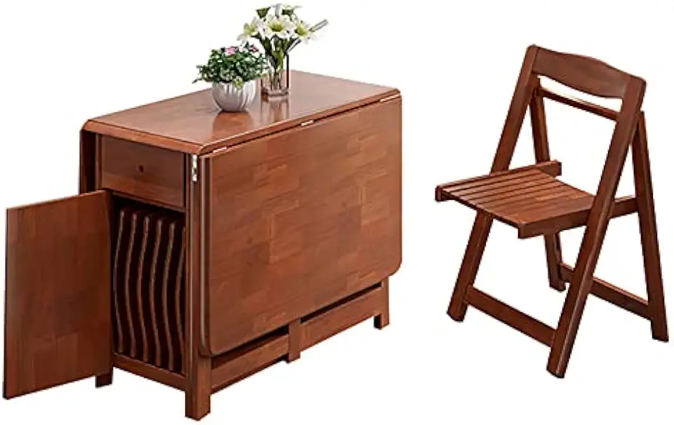 Folding Dining Table Set with Drop Leaf Extension Rolling Chairs Storage Drawer Solid Wood Farmhouse Design Space-Saving Kitchen Island Furniture