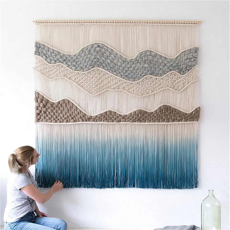Macrame Wall Hanging Curtain Bedroom Decor with Handmade Cotton Rope Tassels Tapestry Woven for Wedding Hanging Backdrop Pendant (Blue 150 * 180cm)