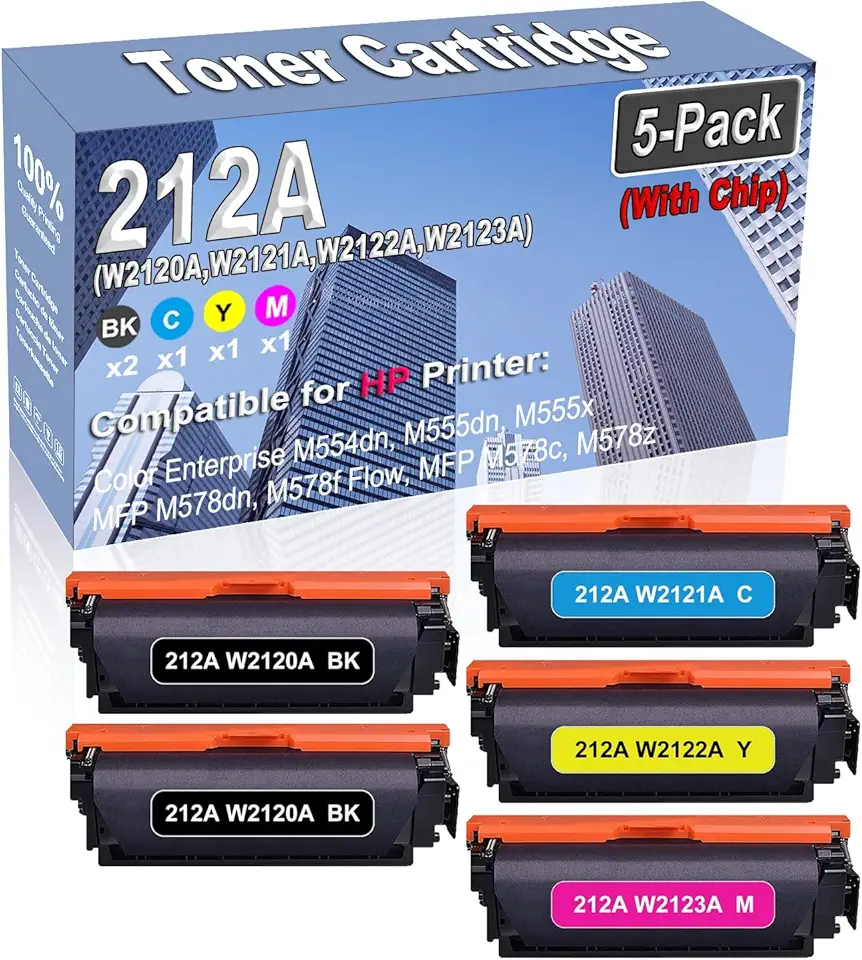 5-Pack (2BK/C/Y/M) Compatible High Capacity 212A (W2120A W2121A W2122A W2123A) (with Chip) Color Toner Cartridge use for HP Color Enterprise M554dn M555dn M555x MFP M578dn Printer