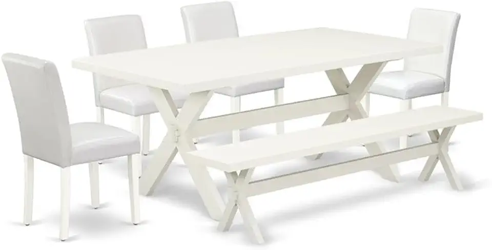 East West Furniture X027AB264-6 6 Piece Dining Table Set Contains a Rectangle Kitchen Table with X-Legs and 4 White Faux Leather Upholstered Chairs with a Bench, 40x72 Inch, Multi-Color