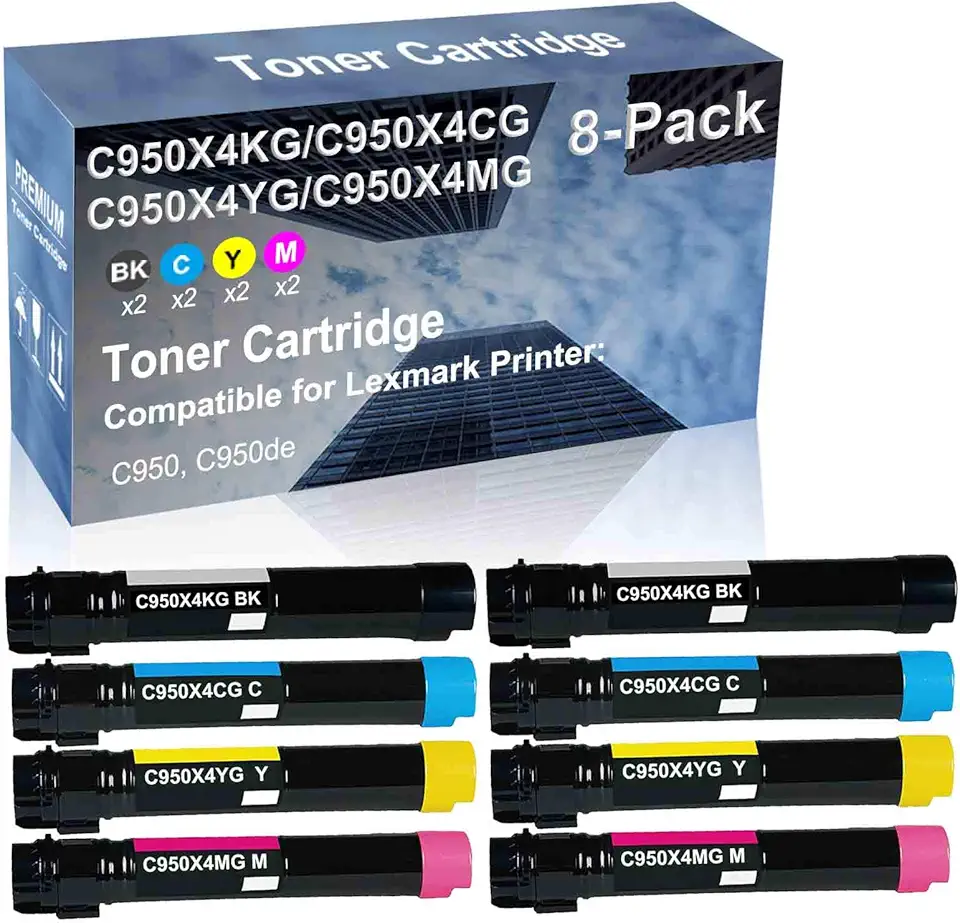 8-Pack (2BK+2C+2Y+2M) Compatible C950, C950de Printer Toner Cartridge High Capacity Replacement for Lexmark C950X4KG+ C950X4CG+ C950X4YG+ C950X4MG Toner Cartridge