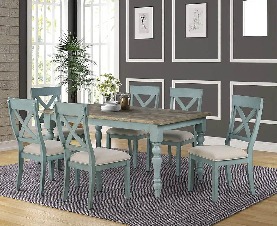 Roundhill Furniture Prato 7-Piece Dining Table Set with Cross Back Chairs, Blue and Brown