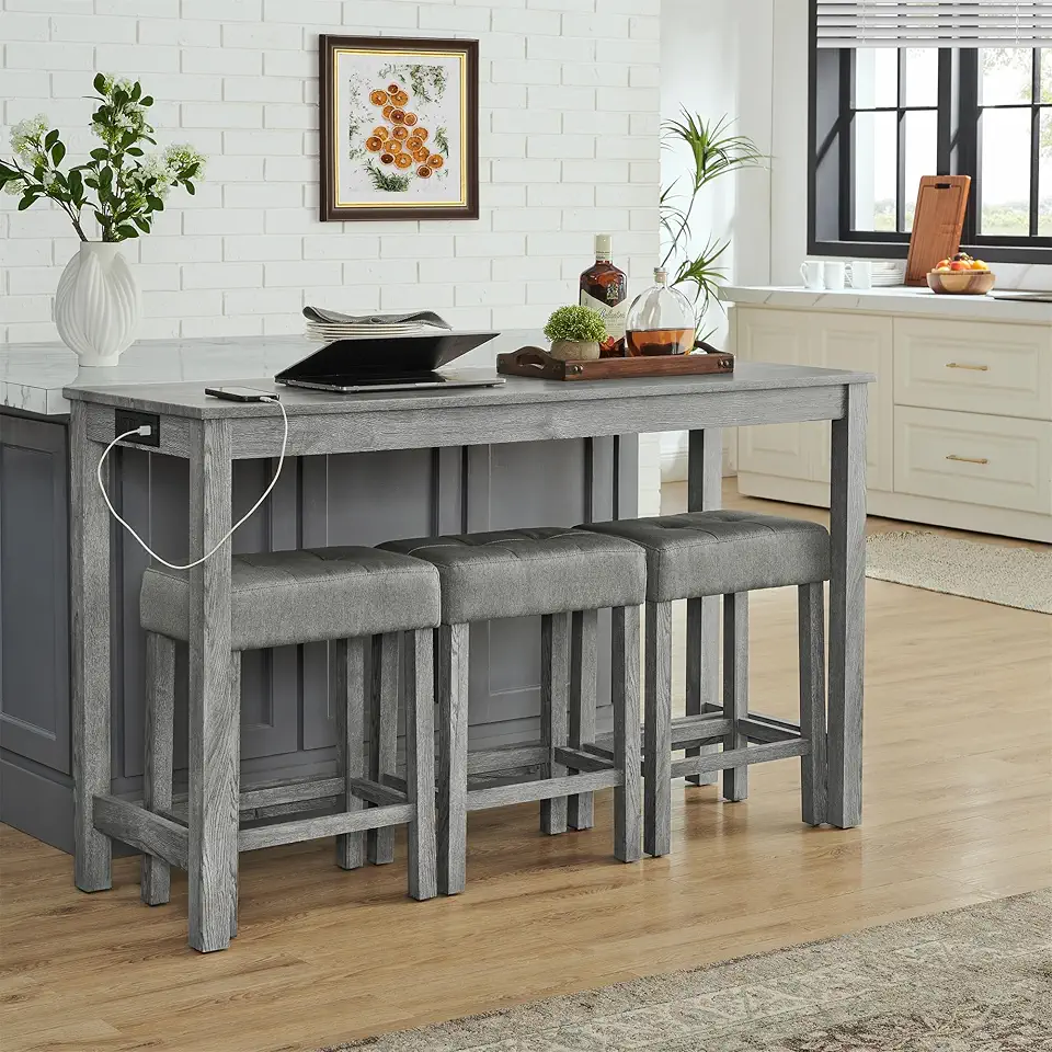 Knocbel Industrial 3-Person Counter Height Rectangle Bar Table Set with Power Outlet, 4-Piece Dinette Set with Padded Seat Stools, Apartment Condo Small Space Pub Bistro Dining Furniture Set (Grey)