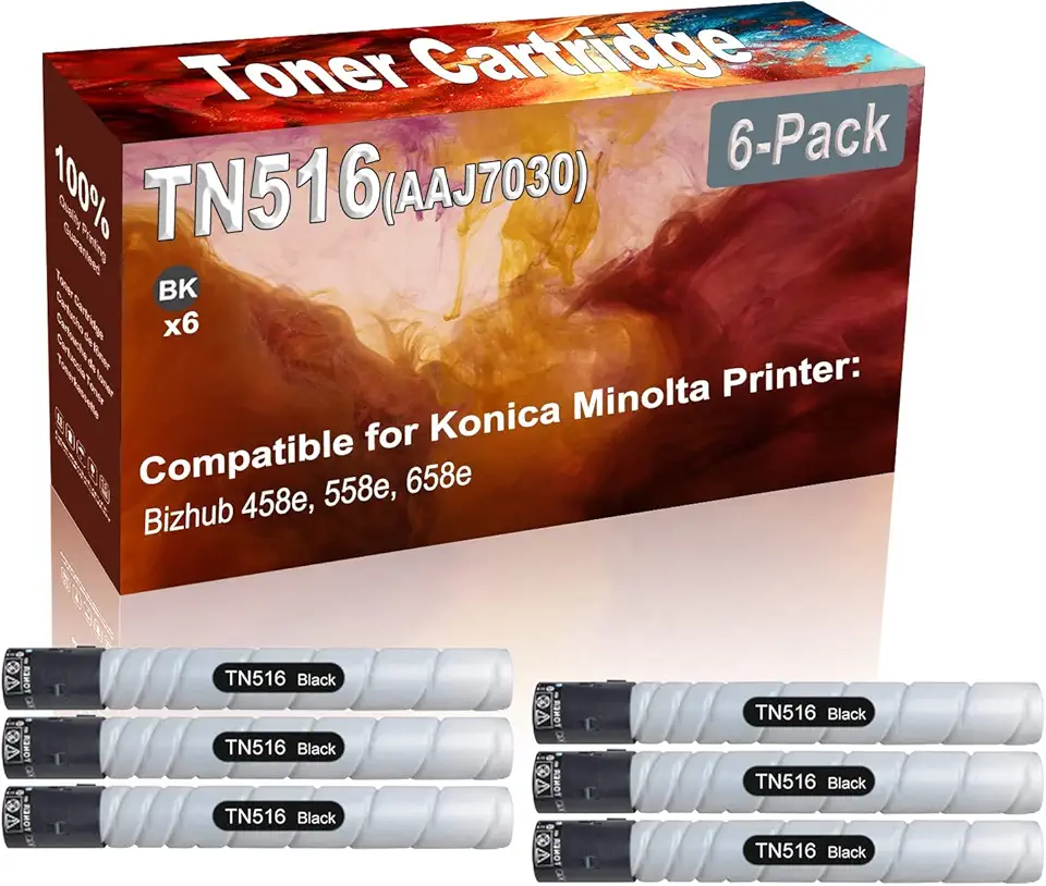 6-Pack (Black) Compatible TN516 TN-516 (AAJ7030) Printer Toner Cartridge (High Capacity) fit for Konica Minolta Bizhub 458e, 558e, 658e Printer