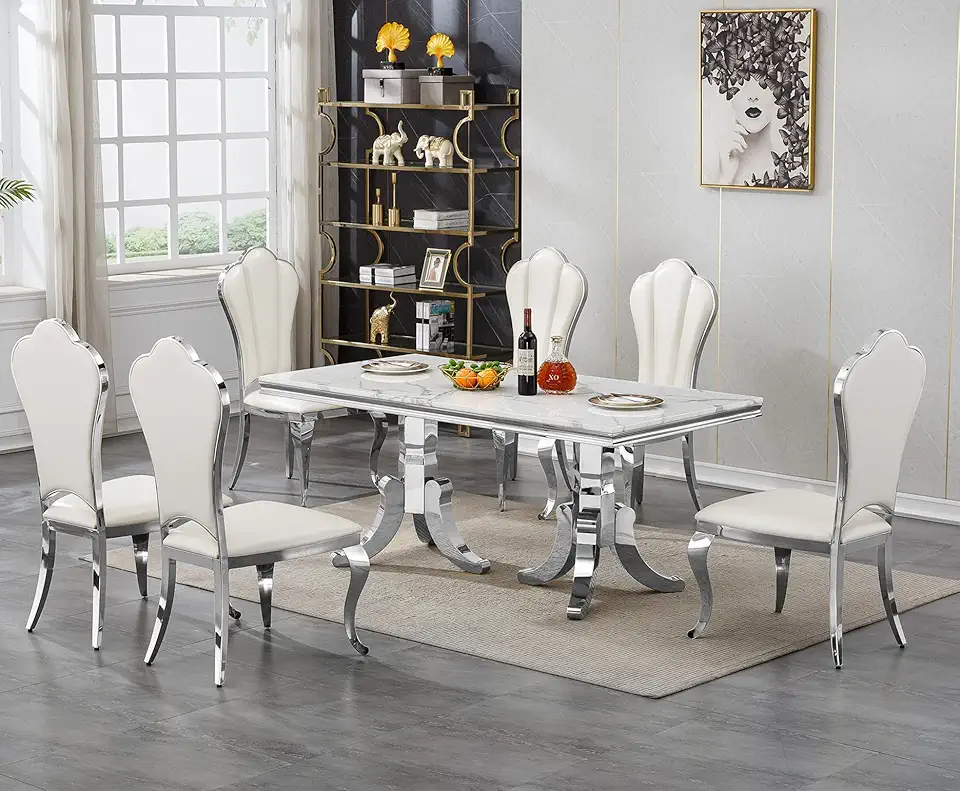 SSLine 7-Piece White Marble Dining Table Set for 6,Faux Marble Kitchen Table Set with Leather Chairs,70