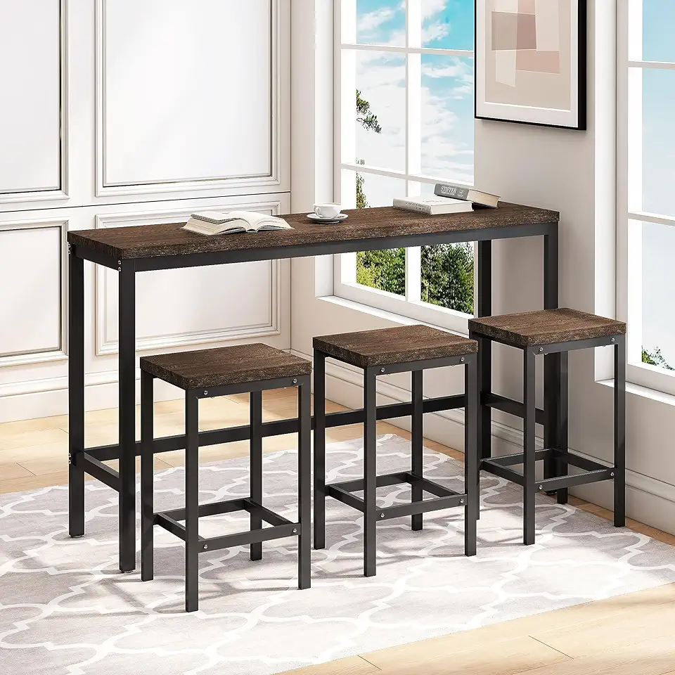 LUMISOL 4-Piece Dining Table Set with 3 Stools, Counter Height Kitchen Table Set for Kitchen, Dining Room, Living Room, Easy Assembly, Dark Brown