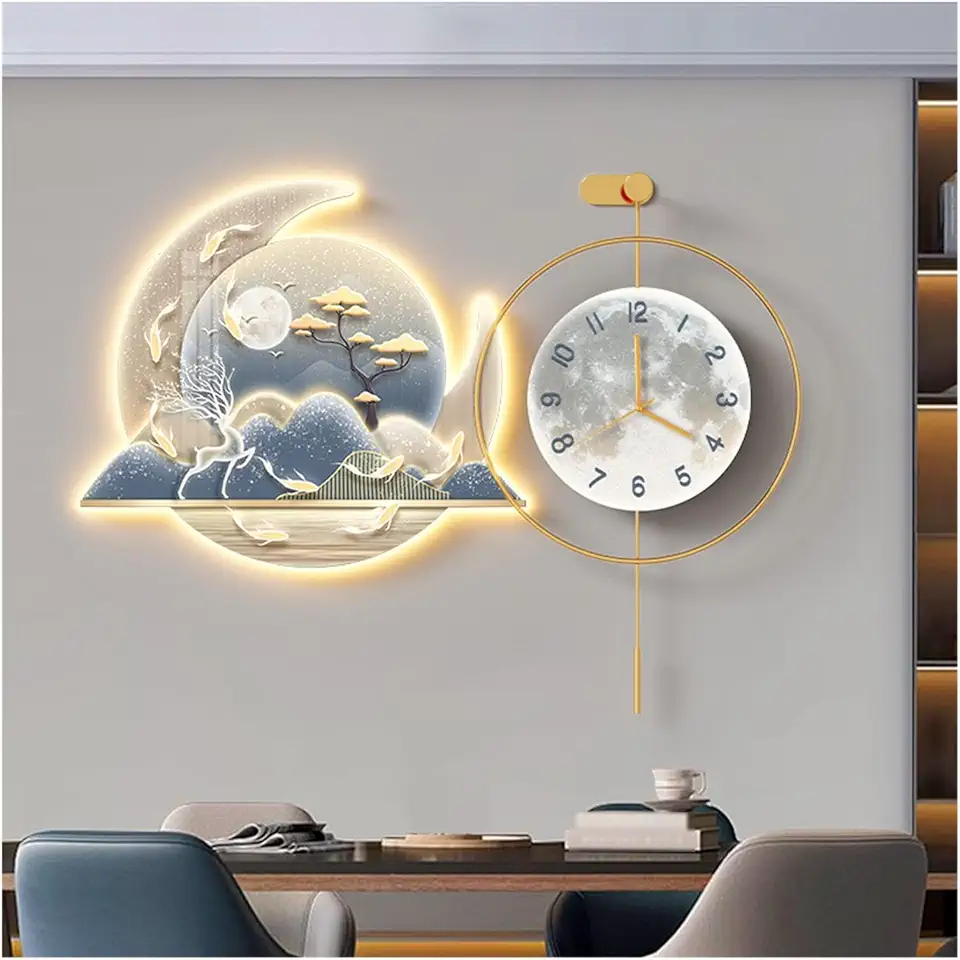 Decorative Painting with Clock Large Wall Light Decor with Clock for Living Room, Non-Ticking Silent Wall Clocks Wall Art Hanging Sculpture for Bedroom Office Dining Decorative Clock for Living Room