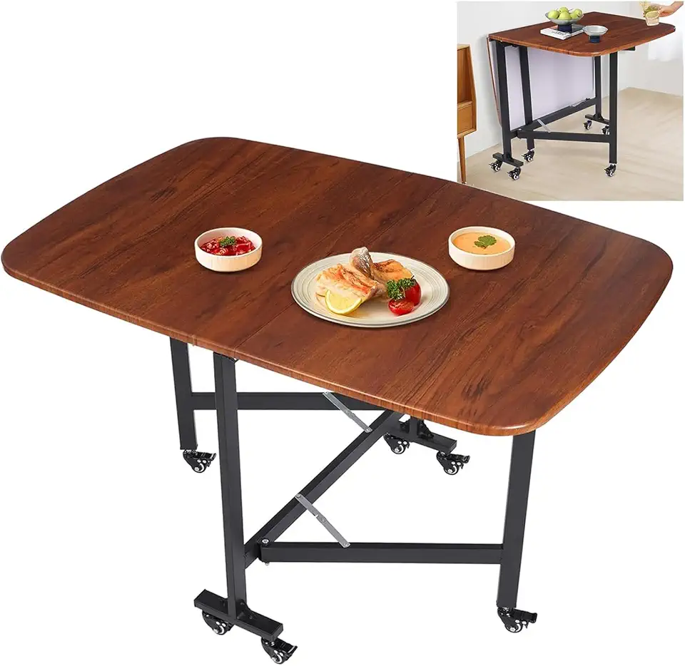 Drop Leaf Tables for Small Spaces, 47.2×31.5in Space Saving Folding Dining Table 6Wheels, Brown Extendable Dining Room Table, for Dining, Living Room, Apartment, Multifunction Expandable Folding Table