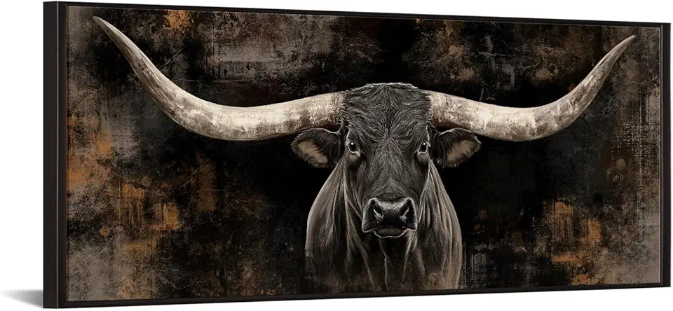 KREATIVE ARTS Large Longhorn Cow Canvas Wall Art with Floater Frame Black White Bull Head Western Cattle Picture Rustic Farmhouse Animal Print for Man Cave Barn Wall Decor 20x48 Inches