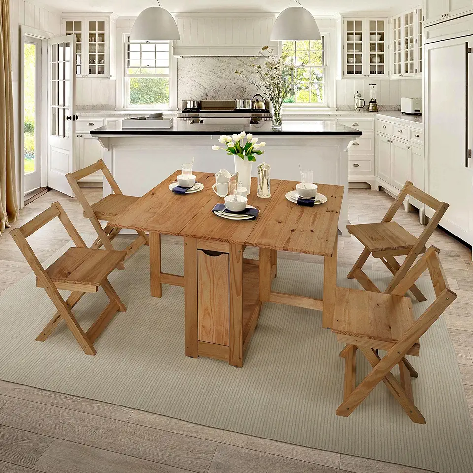 Santos Butterfly Dining Set – 4 Assembled Foldable Chairs + 1 Folding Table – Space-Saving Table with Nesting Chairs - Compact and Easy to Assemble – Rustic Pine Wood