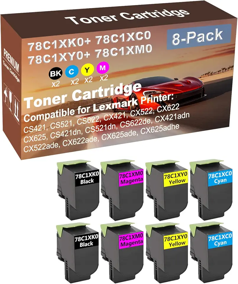 8-Pack (2BK+2C+2Y+2M) Compatible CX622, CX625, CS421dn, CS521dn, CS622de Printer Toner Cartridge High Capacity Replacement for 78C1XK0+ 78C1XC0+ 78C1XY0+ 78C1XM0 Toner Cartridge