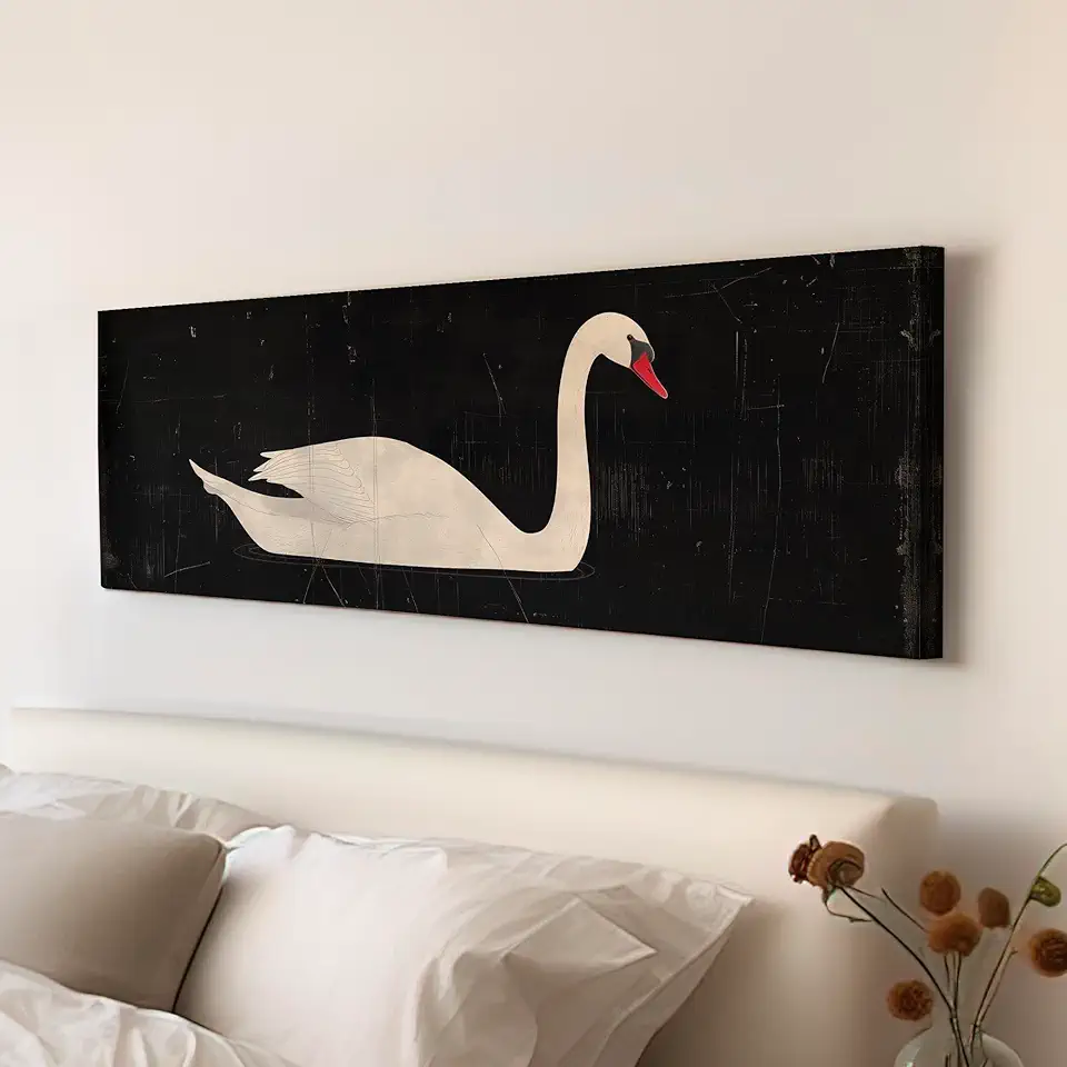 My Sweet Hideout Lone Swan Above Bed Wall Art Black and White, Panoramic Farmhouse Canvas Print, Vintage Long Horizontal Canvas Art 30x90