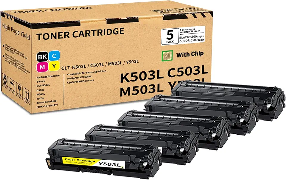 5 Pack BK/C/M/Y CLT-K503L C503L M503L Y503L Toner Cartridge, Compatible for Samsung CLT-K503L C503L M503L Y503L CLT-K503L C503L M503L Y503L Toner Replacement for ProXpress C3010DW C3060FW MFP Printer