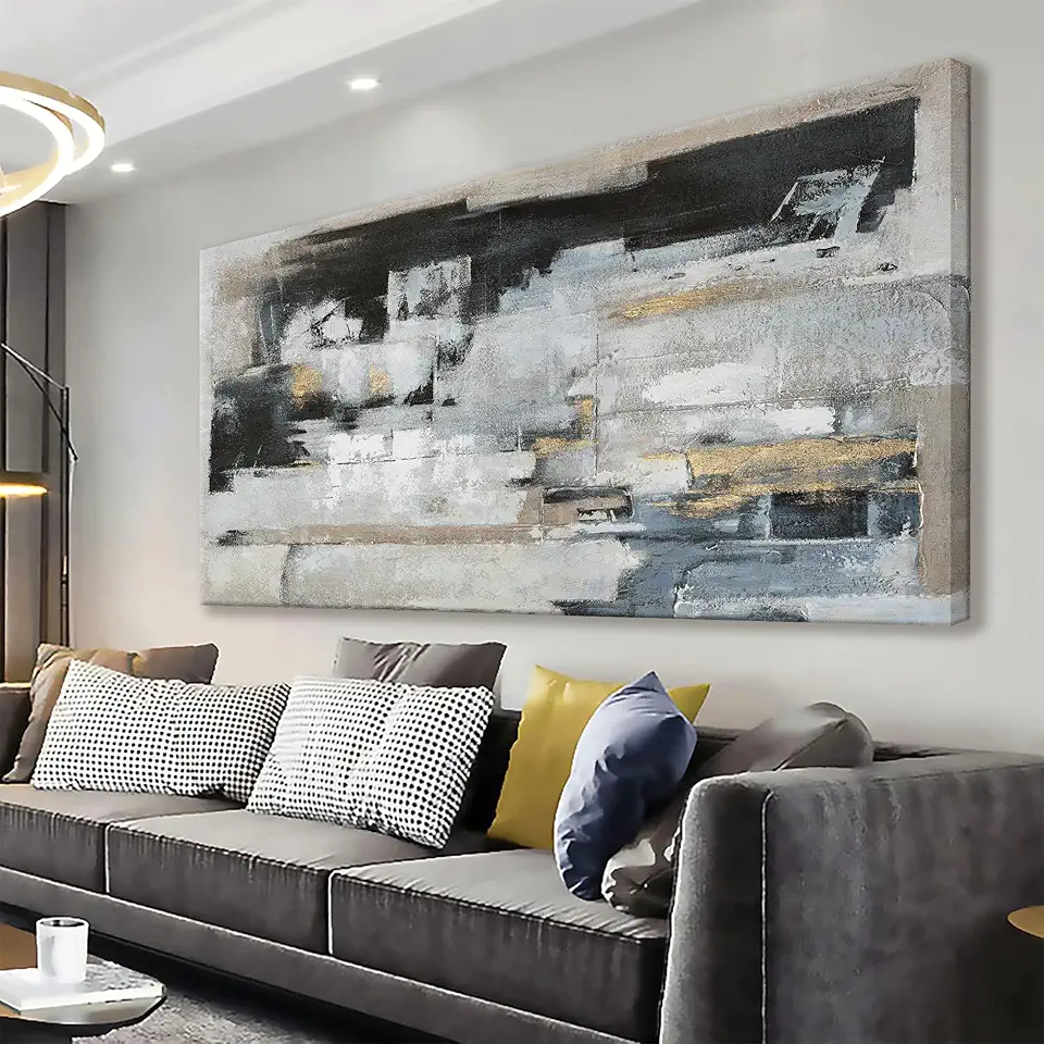 Suconvng Abstract Wall Art For Living Room Blue Grey Abstract Canvas Art Wall Decor Paintings Modern Background Artwork Abstract Wall Decor For Bedroom Office Can Be Hung 24×48 Inch