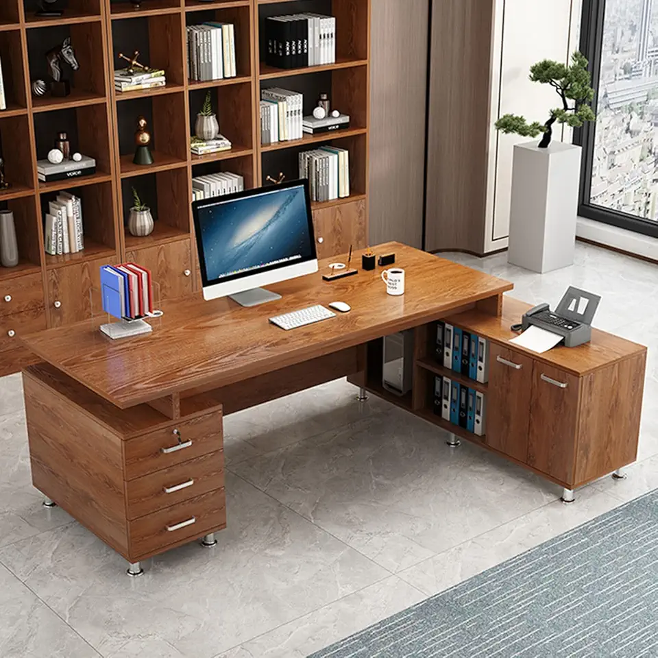 Mid Century Modern Writing Study Desk Golden Oak Black Walnut Executive Desk Computer Desk with Storage Cabinets