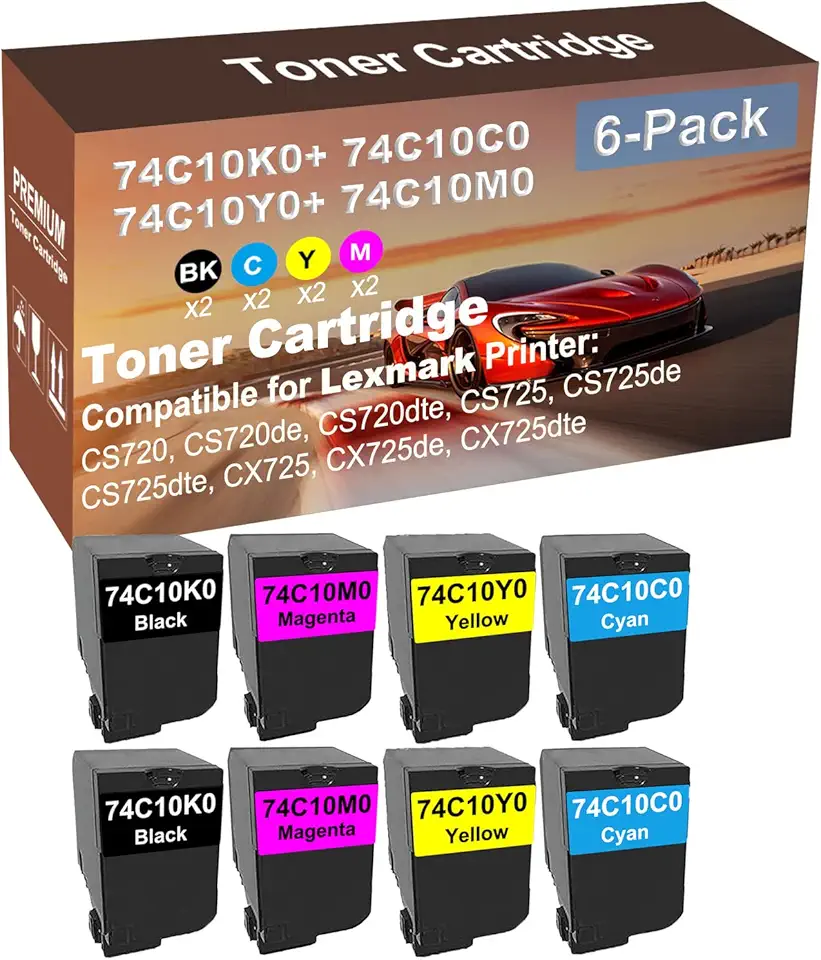 8-Pack (2BK+2C+2Y+2M) Compatible High Yield 74C10K0+ 74C10C0+ 74C10Y0+ 74C10M0 Laser Printer Toner Cartridge Used for CX725, CX725de, CX725dte Printer