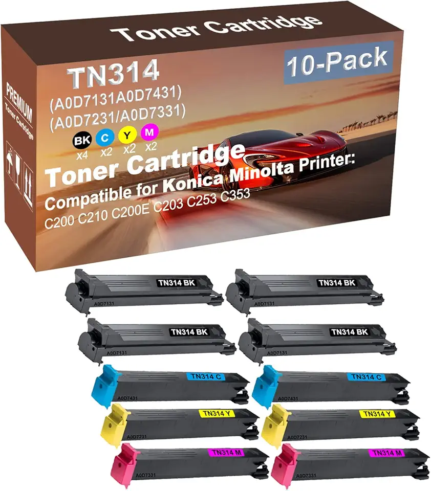 10-Pack (4BK+2C+2Y+2M) Compatible C200, C210, C200E, C203, C253, C353 Printer Toner Cartridge High Capacity Replacement for Konica Minolta (A0D7131+ A0D7431+ A0D7231+ A0D7331) TN314 Toner Cartridge