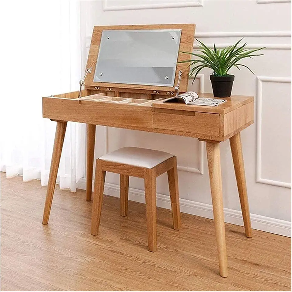 Vanity Table Set with Flip Top Mirror, Makeup Dressing Table Set for Bedroom, 1 Drawers Cushioned Stool for Bedroom